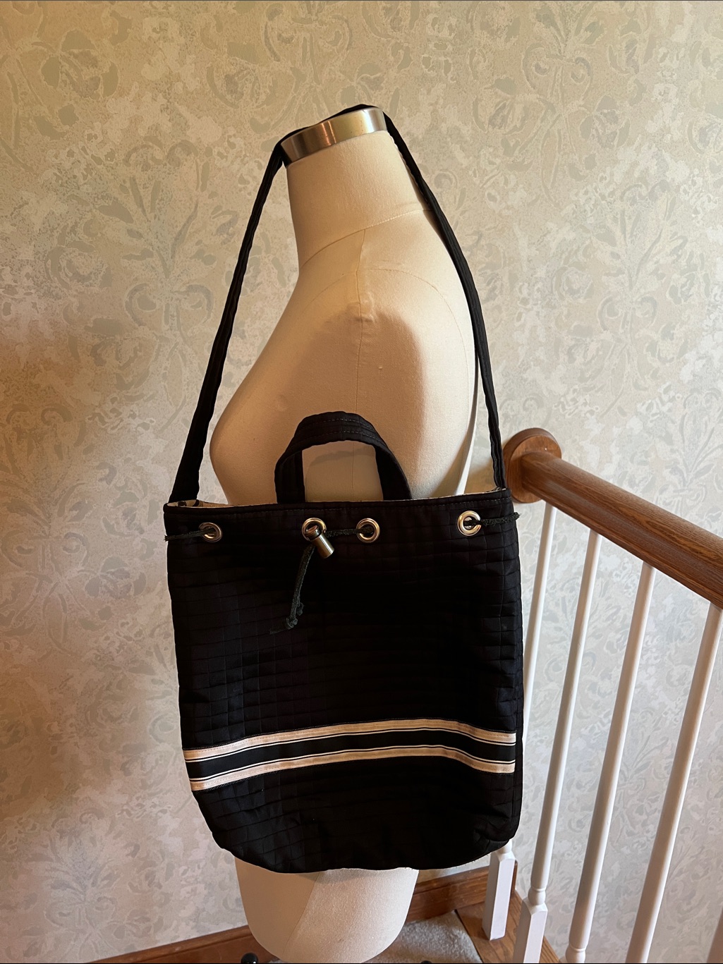 Handmade Black Quilted Tote With Cream Stripes. Two Different Handles.